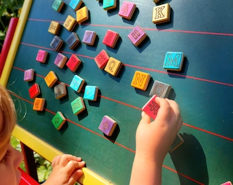 ABC magnets made from recycled skateboards for magnetic walls, children's rooms, offices, bulletin boards, letters, numbers, gift ideas, upcycling