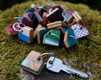Keychains made from recycled skateboards, handmade, recycled, from skateboard wood, unique item