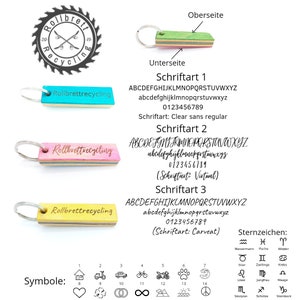 May include: Three wooden keychains with different colored backgrounds and the text "Rollbrettrecycling" on them. The keychains are shown with three different font styles, labeled "Schriftart 1", "Schriftart 2", and "Schriftart 3".