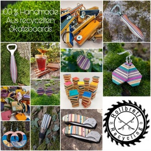May include: A collection of accessories crafted from recycled skateboard decks, including bottle openers, earrings, necklaces, keychains, and folding knives. The items feature multi-colored layered wood patterns and metal hardware, displayed alongside a circular logo.
