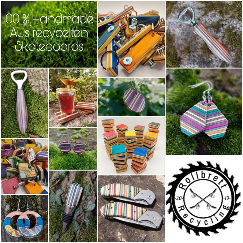 May include: A collection of accessories crafted from recycled skateboard decks, including bottle openers, earrings, necklaces, keychains, and folding knives. The items feature multi-colored layered wood patterns and metal hardware, displayed alongside a circular logo.