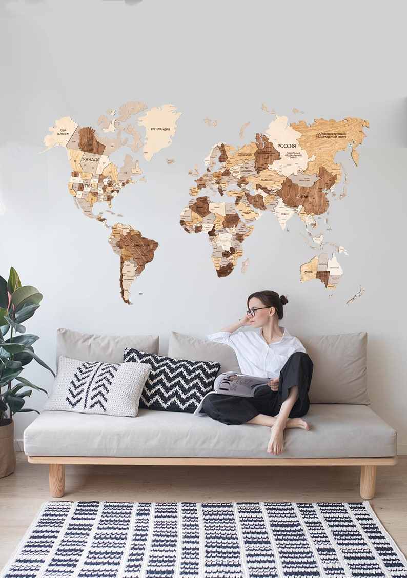 World Map Wall Art Wood Wall Art Rustic Wall Map Wood Map Push Etsy