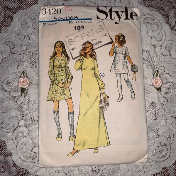 Style 3420 Vintage 1970s Childs Dress Sewing Pattern / 70s / Maxi / Midi / Balloon Sleeve / Size Child 6 & 8