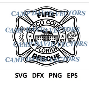 Puede incluir: Ilustración en blanco y negro de un emblema de bomberos. El emblema es una cruz de Malta con las palabras "Fire Rescue" y "Pasco County, Florida" en su interior. El emblema también incluye una estrella con los números "18" y "87" a cada lado.