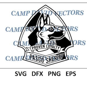 May include: A monochrome graphic featuring a German Shepherd dog inside a shield-shaped emblem. The emblem includes the text "PROVEN LOYALTY" and "PASCO SHERIFF". The image also includes the text "SVG DFX PNG EPS" and "CAMP DAVID VECTORS".