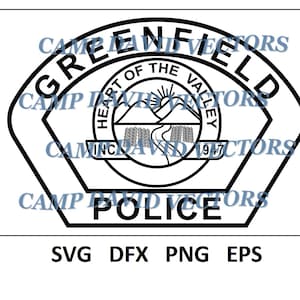Puede incluir: Diseño gráfico en blanco y negro de una placa de policía con el texto "GREENFIELD POLICE" y "HEART OF THE VALLEY INC 1947" dentro de un círculo.