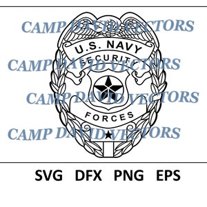 Puede incluir: Gráfico vectorial en blanco y negro de una insignia de las Fuerzas de Seguridad de la Marina de los EE. UU. La insignia presenta el texto "U.S. NAVY SECURITY FORCES" y una estrella de cinco puntas. La imagen también incluye los tipos de archivo: SVG, DFX, PNG y EPS.