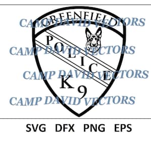 Peut inclure: Illustration en noir et blanc d'un badge de police avec la tête d'un berger allemand au centre. Le badge a la forme d'un bouclier et porte l'inscription "POLICE K9".