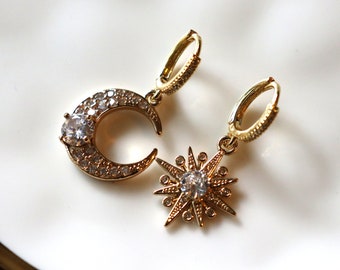 14k Gold Vermeil Zircon Star & Moon Earrings - Celestial Leverback Jewelry - Everyday Luxury Gift for Women - Celeste