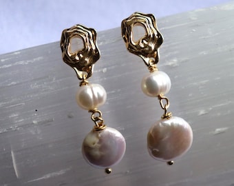 Irregular Pearl Drop Earrings – 18k Gold Plated Dangle Earrings – Minimalist Bridal Jewelry – Everyday Luxury Gift for Her – Ilya