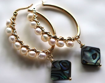 Baroque Pearl & Abalone Hoop Earrings - Gold Stainless Steel - Unique Handmade Jewelry - Elegant Dainty Gift for Women - Calypso