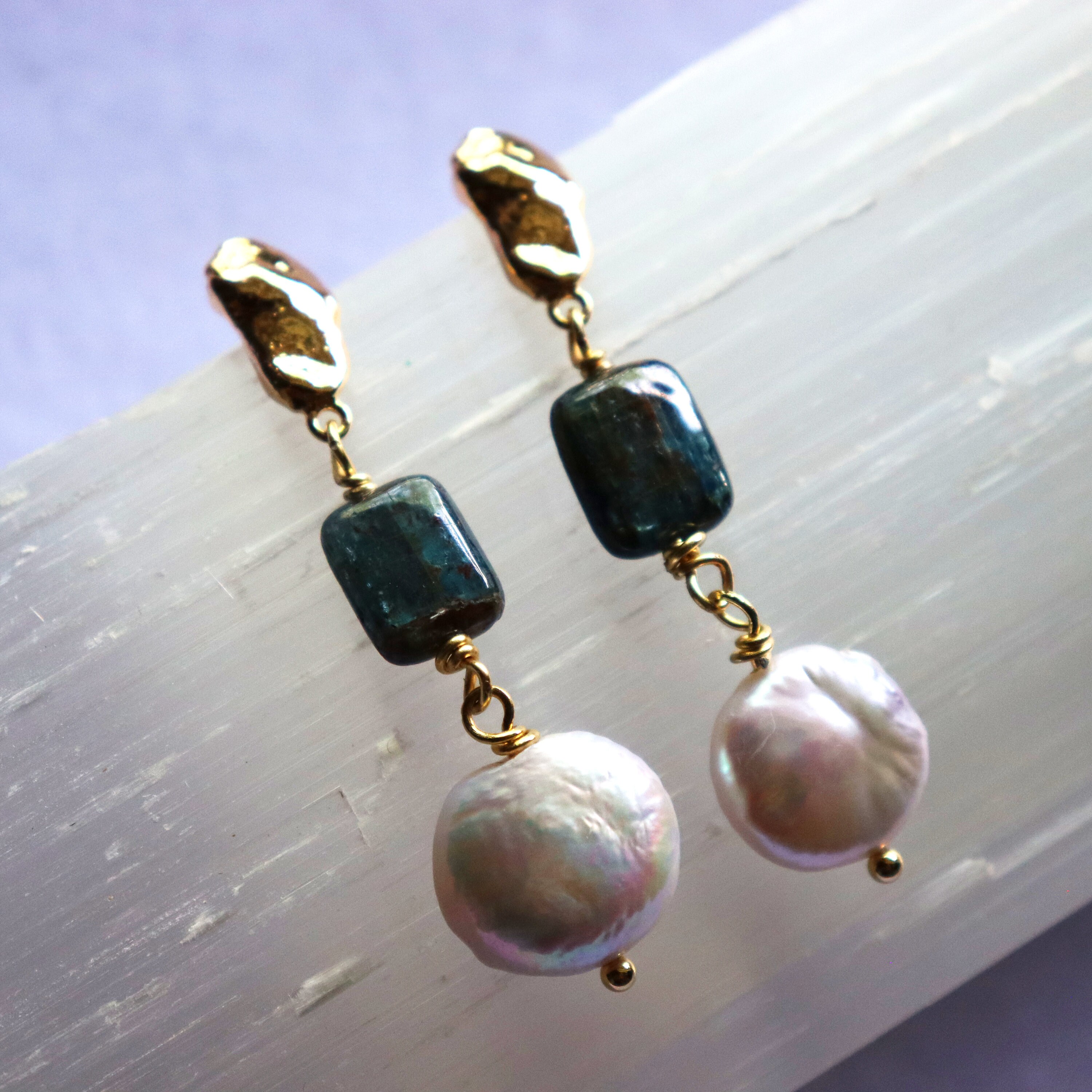 14k Gold Plated Kyanite & Freshwater Pearl Earrings - Healing Crystal Jewelry - Elegant Dainty Gift for Women - Bridal Everyday - Atlana