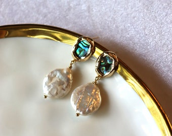 Abalone Shell 14k Gold Pearl Earrings, Coin Pearl Dangle Earrings, Elegant Bridal Jewelry, Gift for Her, Everyday Luxury Earrings- Yumi