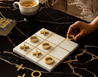 Marble Tic Tac Toe Game, Marble Game, Game, XOXO, Board Game, (Marble Board with 5 brass crosses & 5 brass zeros), Coffee Table Decor