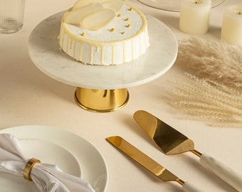 Marble Brass Cake Stand with Knife Server Set, Wedding Cake Cutting Set, Cake Stand Cutting Set