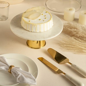 Marble Brass Cake Stand with Knife Server Set, Wedding Cutting Set