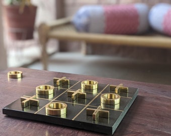 Marble Tic Tac Toe Game, Tic Tac Toe, Marble Game, XOXO, Board Game (Marble Board with 5 brass crosses & 5 brass zeros), Coffee Table Decor