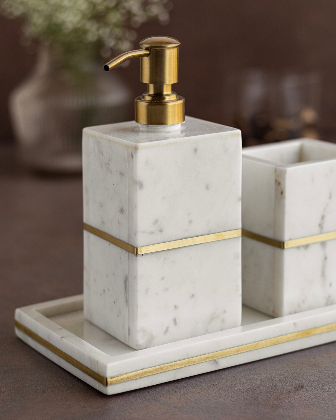 Marble Brass Bathroom Accessories Set, Marble Soap Dispenser, Marble ...