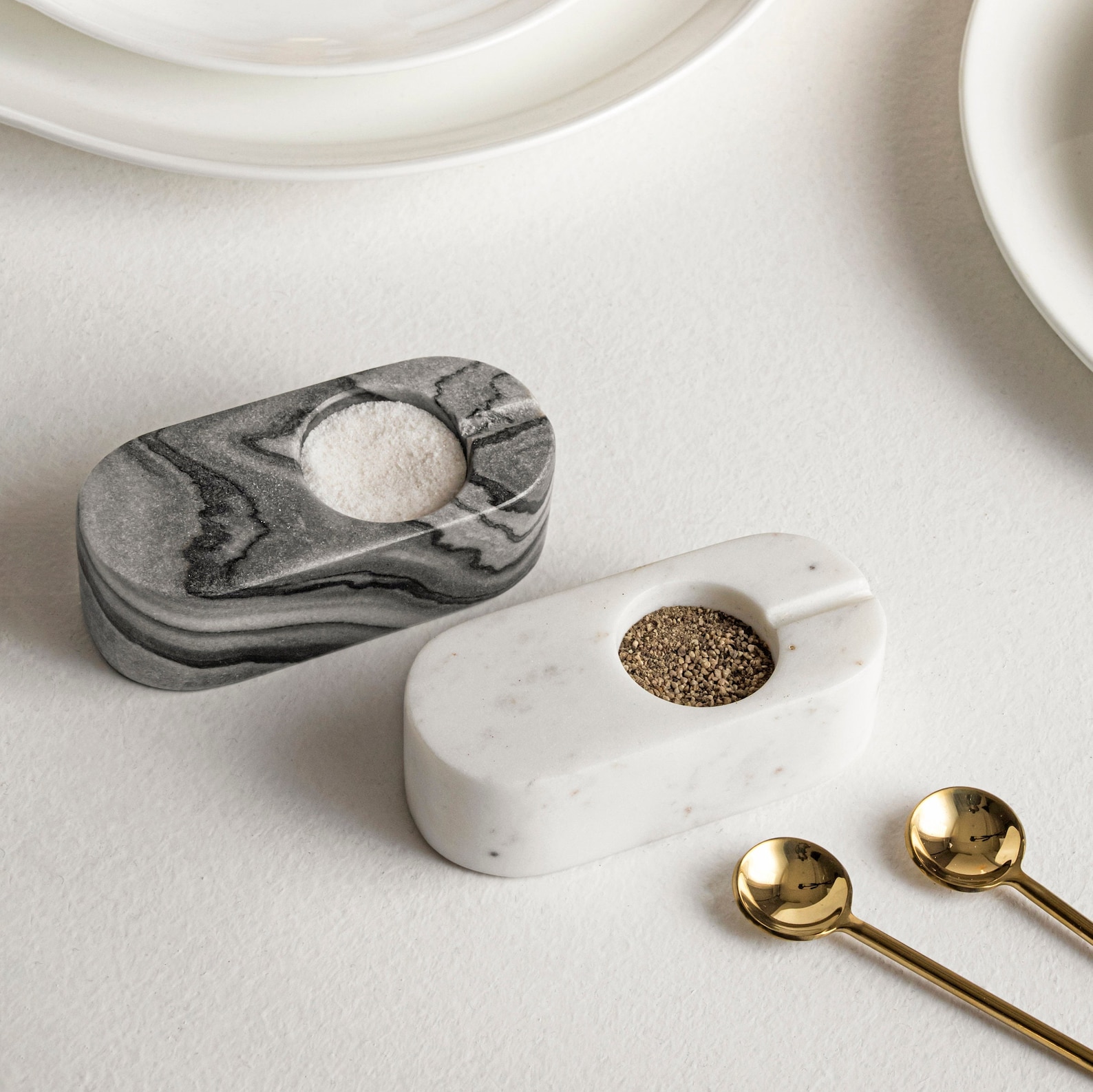 Marble Salt and Pepper Bowls with Brass Spoons Salt and Pepper Cellar