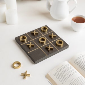Marble Tic Tac Toe Game, Tic Tac Toe, Marble Game, XOXO, Board Game (Marble Board with 5 brass crosses & 5 brass zeros), Coffee Table Decor