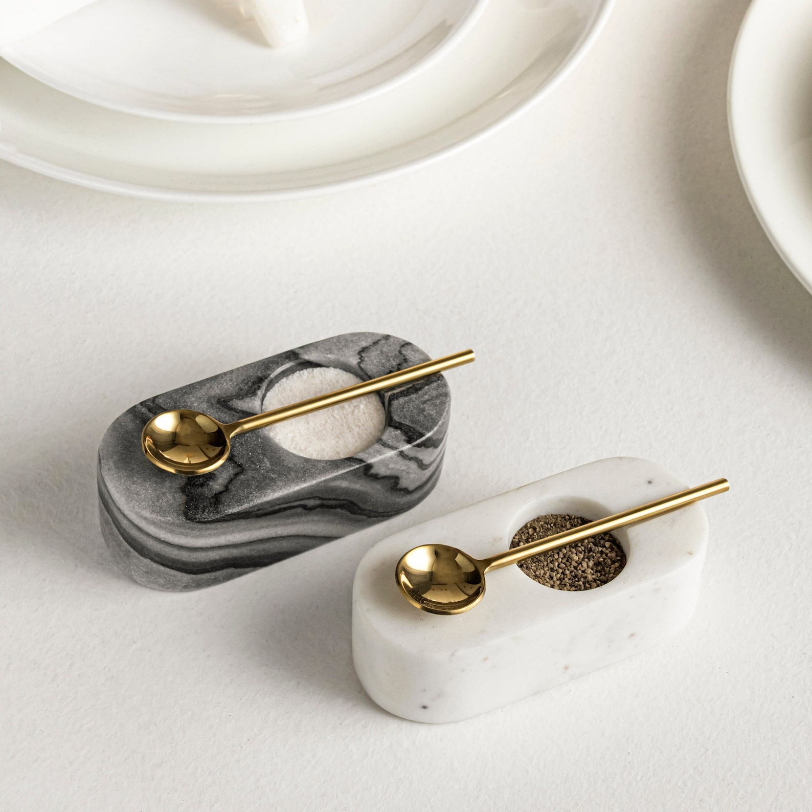 Marble Salt and Pepper Bowls with Brass Spoons Salt and Pepper Cellar