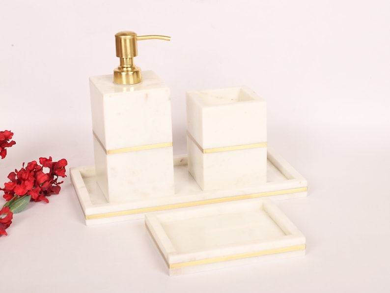 Marble Brass Bathroom Accessories Set Marble Soap Dispenser Etsy