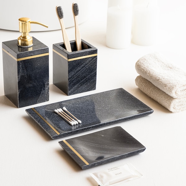 Marble Brass Bathroom Accessories Set, Marble Soap Dispenser, Marble Soap Dish, Marble Tray, Marble Toothbrush Stand