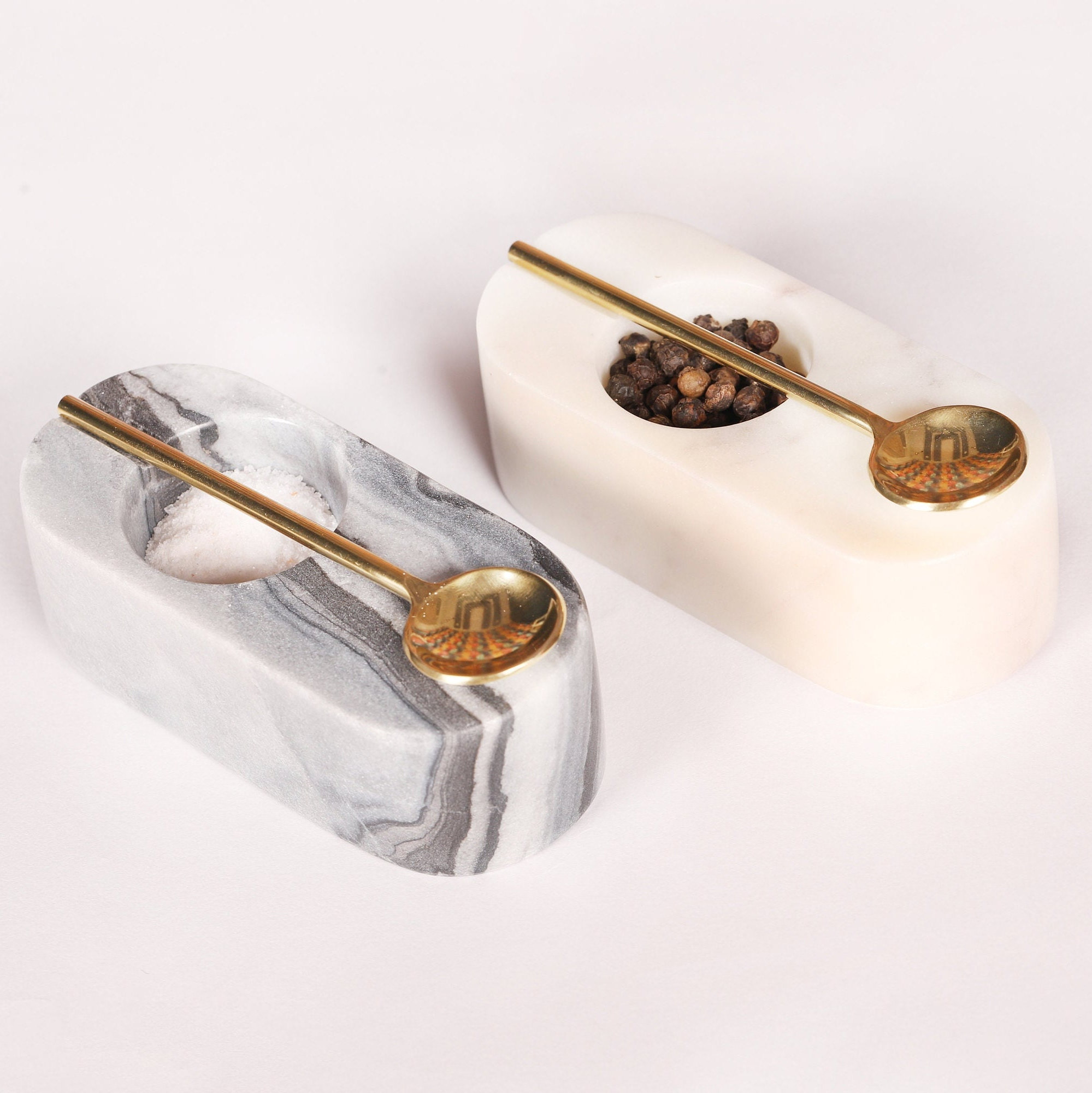 Marble Salt and Pepper Bowls with Brass Spoons Salt and Pepper Cellar