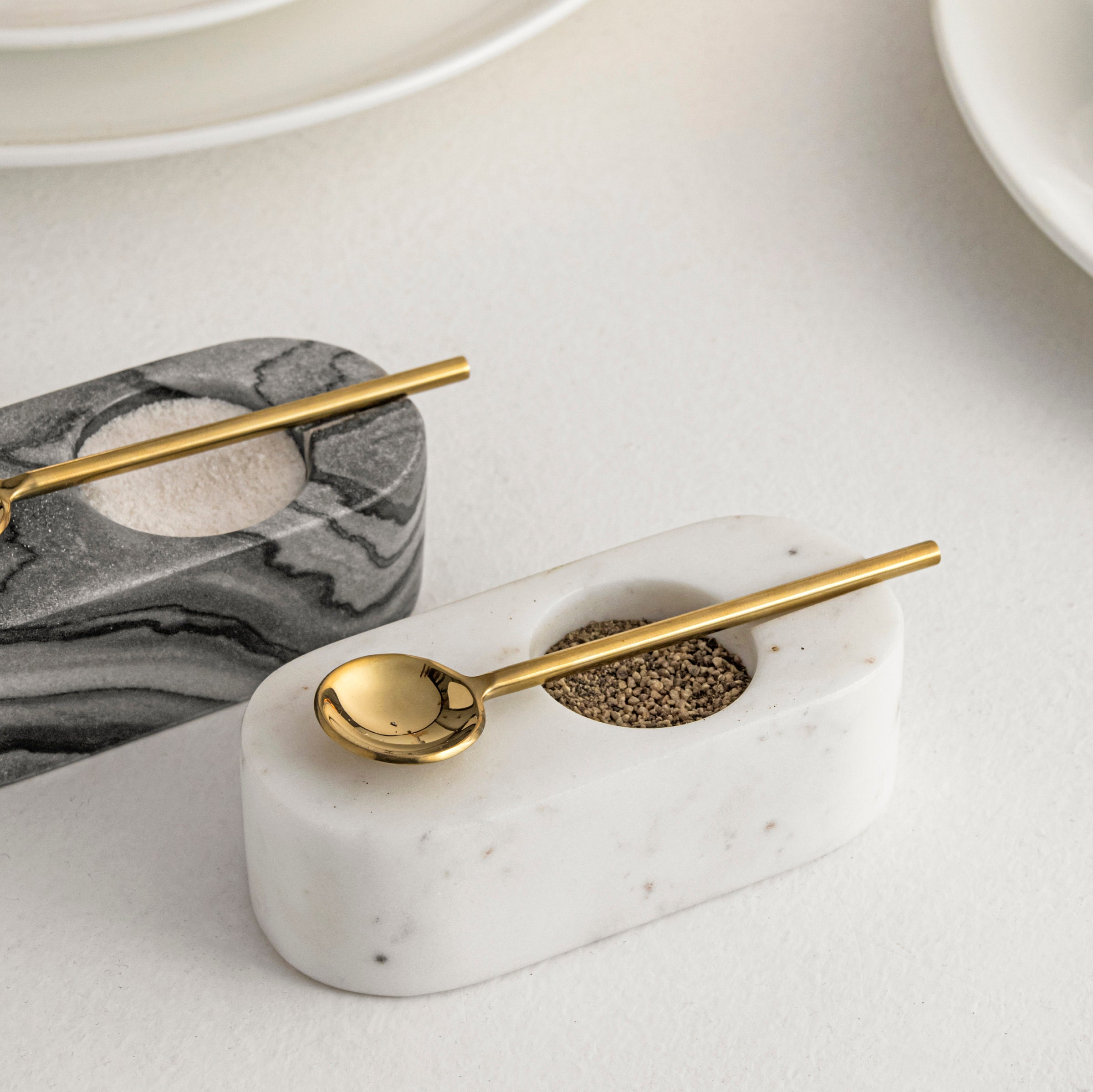 Marble Salt and Pepper Bowls with Brass Spoons Salt and Pepper Cellar