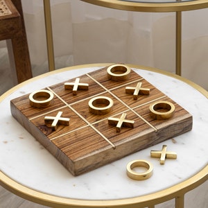 Tic Tac Toe, Coffee Table Decor, Wooden Tic Tac Toe, Board Game, Coffee Table Game, (Wooden Base with 5 brass X's & 5 brass O's)