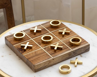 Tic Tac Toe, Coffee Table Decor, Wooden Tic Tac Toe, Board Game, Coffee Table Game, (Wooden Base with 5 brass X's & 5 brass O's)