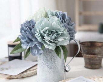 Dusty Blue Artificial Peony Silk Flowers Bouquet 11'' Tall for Wedding Decoration, Table Centerpieces, Anniversary Floral Arrangement