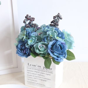 Silk Blue Rose Bouquet 12'' Tall with Hydrangea, Berry Stem. Artificial Mixed Flower Arrangement, Housewarming Gift / Home Decoration