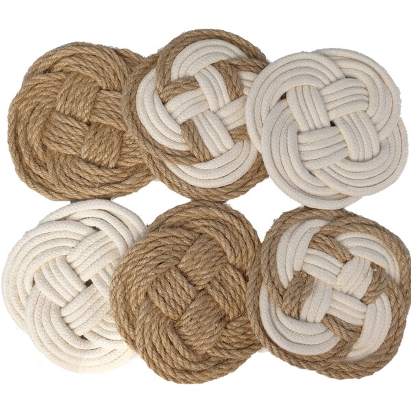 4'' Braided Original Cotton Rope Coasters, White / Brown / Twine, Handcrafted knot Coaster, Home Decor, Housewarming Gift Set