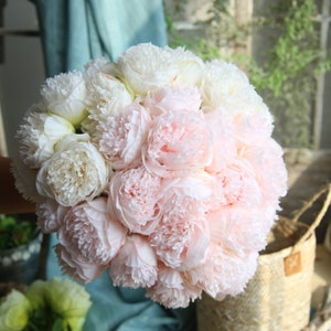 Pure Silk Peony Bouquet / Bundle 13'' Tall, Pink / White, Artificial Flower Arrangement, Wedding Flower Decor, Centerpieces,  Home Decor
