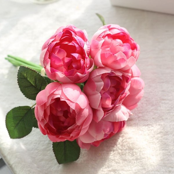 Hot Pink Peony Bundle, Silk Round Rose Bouquet, Artificial Floral Arrangement, Wedding Decor, Silk Flower Centerpieces, Gift for Her