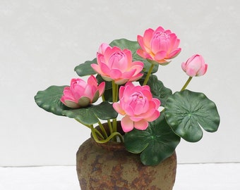 Artificial Lotus Flower 12'' Tall, Faux Water Lily / Floating Flower for Home Decoration, Lotus Plant with Leaves, Bud Seedpod