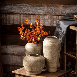 Rustic Ceramic Vase, Distressed Whitewash Pottery, Farmhouse Home Decoration, Dried Flowers Vase, Indoor Decorative Vase, Table Centerpieces