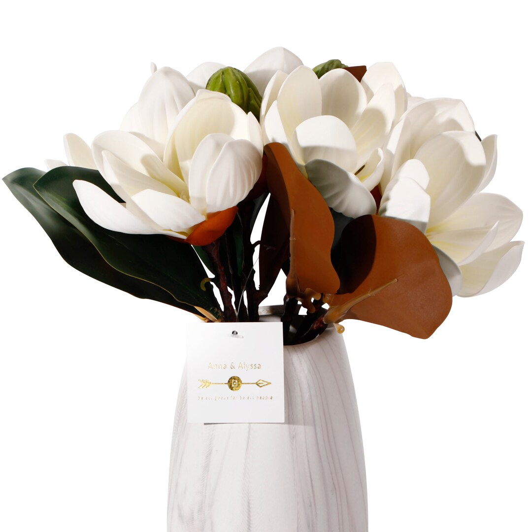 Luxury White Silk Magnolia Flower Bouquet 11'' Tall, Artificial