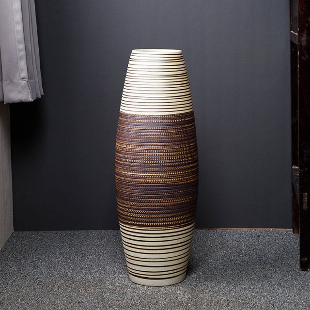 Large Artisan Ceramic Floor Vase, Hand-drawn Matte Glaze Tall Vase, Classic  / Modern Style, Office / Entryway / Porch Decoration
