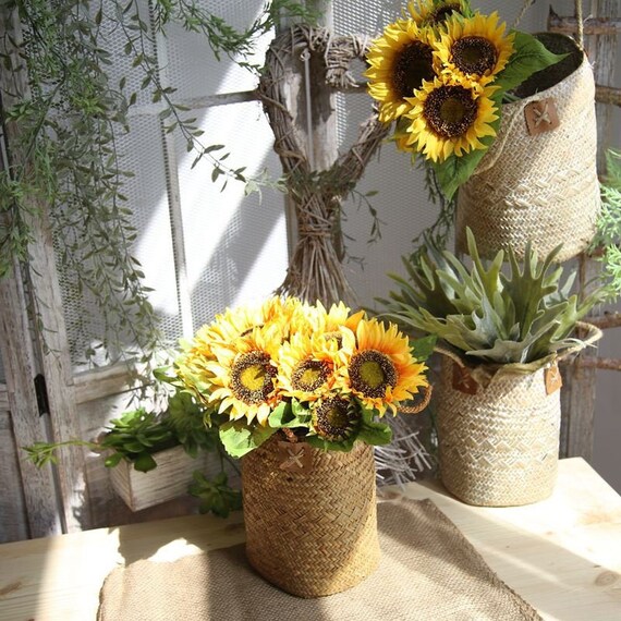 Mazzo di girasole artificiale con foglie alte 14'', composizioni di  girasoli di seta, centrotavola / decorazioni per la casa, matrimoni  rustici, abiti da sposa -  Italia