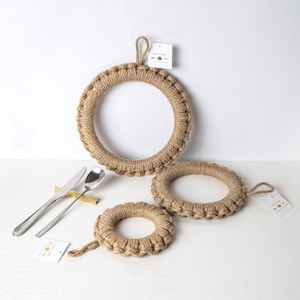 Japanese Wood Trivet Ring with Hanger for Hot Dishes, Handmade with Hinoki Wood and Jute, Small / Medium / Large, Dinning Table Decoration