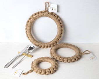 Japanese Wood Trivet Ring with Hanger for Hot Dishes, Handmade with Hinoki Wood and Jute, Small / Medium / Large, Dinning Table Decoration