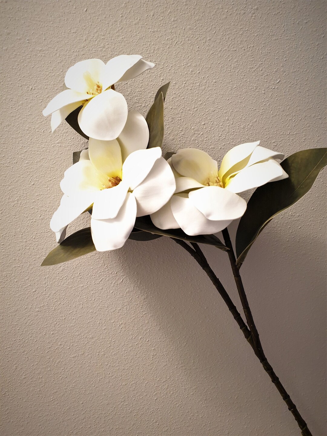 Large Faux Magnolia Flower Branch 29'' Tall, 3 Heads High Quality White