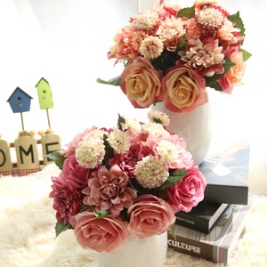 Artificial Silk Bouquet 12'' Tall, Faux Rose / Dahlia / Chrysanthemum ...