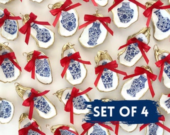 Oyster Shell Ornaments  (Set of 4) in Blue & White