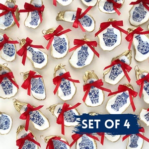 Oyster Shell Ornaments  (Set of 4) in Blue & White