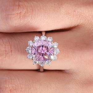 6ct Pink Cushion Cut Moissanite Engagement Ring, Pink Elongated Cushion Cut Moissanite Flower Design Halo Ring, solid 14k or 18k White Gold