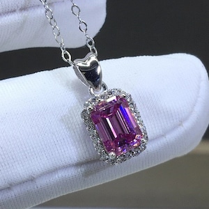 1ct Pink Moissanite Necklace , Pink Emerald Cut Moissanite Pendant Necklace, 925 Sterling Silver, 14k White Gold