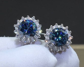 2cttw Blue Moissanite Halo Earring Studs, 925 Sterling Silver Ocean Blue Round Cut Moissanite Earrings